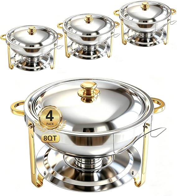 Beviliu 9 Litre Chafing Dish Buffet Set, 4 Pack 8QT Round Chafing Dishes & Food Warmers, Gold Chafing Dishe for Buffet, Stainless Steel Chafer