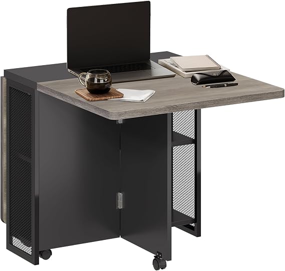 Drop Leaf Table for Small Spaces, Space Saving Folding Dining Table with 6 Wheels, Folding Kitchen Table with 2 Tier Storage Shelves, Foldable Extendable Desk for Apartment, Dining Room