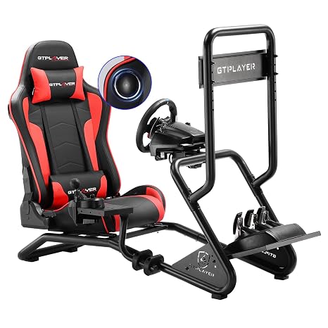GTPLAYER Simulator CockpitRennsimulator lenkradständer mit 3D-Stereo-Lautsprechern Monitorhalterung verstellbarer Lenkradhalterung Schalthebelhalterung und Fußpedalen (Rot)