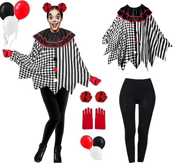 7 Pcs Clown Costume Women Scary Clown Costumes Wigs Gloves Balloons Halloween Creepy Costume Set for Women