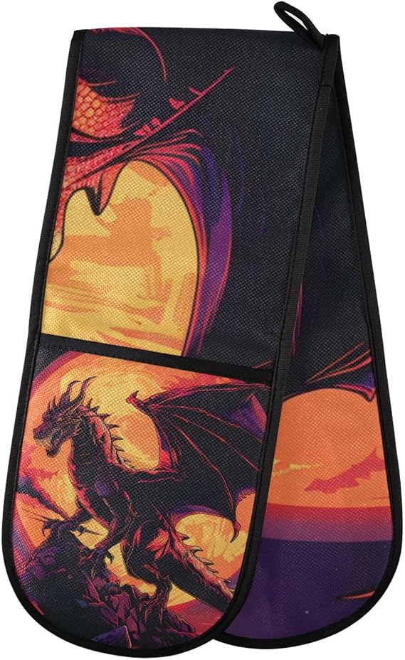 Oven Gloves Double Oven Gloves Red Dragon Sun Heat Oven Mitts Pot Holder Heat Resistant Quilted for BBQ Baking Kitchen Cooking Gloves