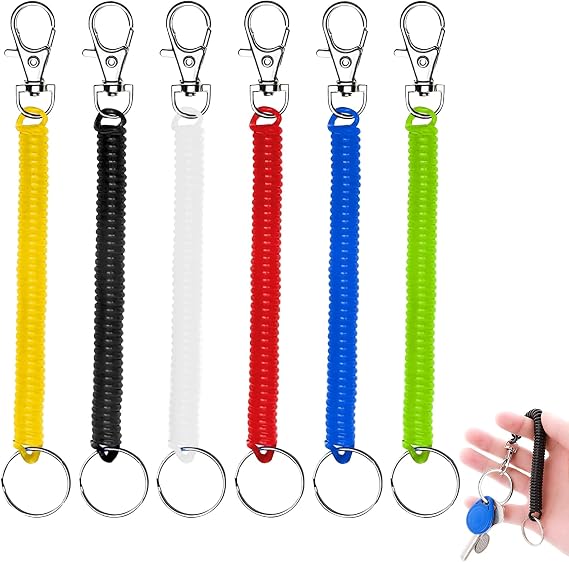 Stretchy Spiral Keyring - 6 PCS Colourful Plastic Keychain, 7” Springs Key Holder, Anti-lost Spring Coil Keychain Cord, Retractable Key Chain for Work, School, Keys, Wallet, ID Card, Backpack