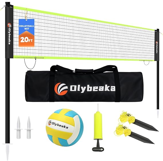 20FT Outdoor Volleyball Net Set System for Backyard Beach | with Anti-Sagging Net, Iron Adjustable Height Poles, Soft PU Volleyball and Pump, Carry Bag - Instant Set Up & Durable