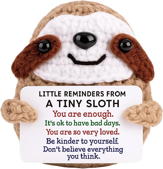 Positivity Gifts, Handmade Crochet Sloth with Inspirational Card, Emotional Support Plush for Women, Unique Desk Decoration for Daily Motivation, Creative Gift for Birthday and Graduation