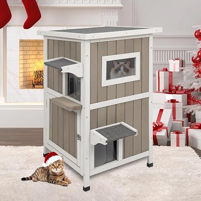 PetsCosset Outdoor Cat Shelter Weatherproof, Two Story Wooden Outside Feral Cat House with Escape Door, Removable Floor, PVC Rain Curtain and Acrylic Windows for Feral Cats