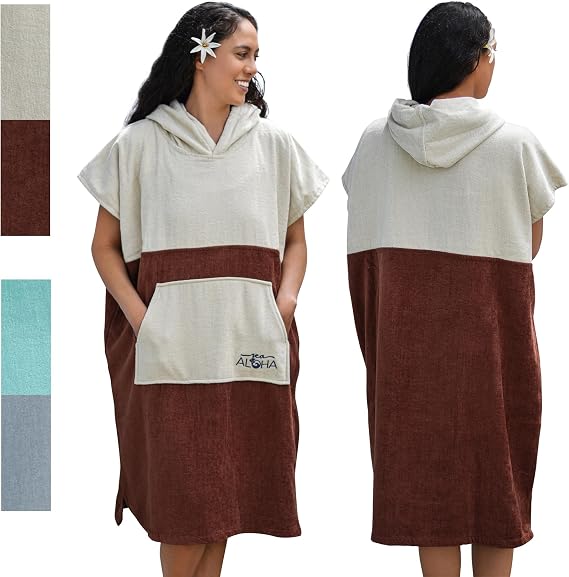 Surf Poncho Women - Towel Poncho - Hooded Towel Adult - Changing Poncho 100% Cotton Towel Poncho - Poncho Beach Towel (Bone/Brown)