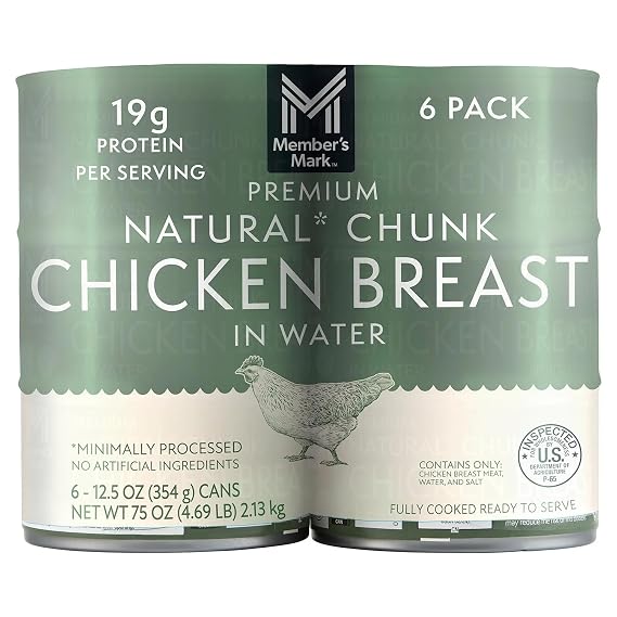 Premium Fully Cooked Chunk Chicken Breast in Water (12.5 oz Cans, 6 Pack) 98% Fat-Free, Ready-to-Serve, High-Protein Pantry Staple