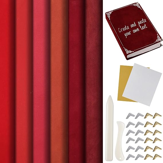 Book Binding Cloth Materials Kit, Includes 12x16 Velvet Bookcover Fabric 24 Decorative Corner 2 Iron on Vinyl Sheet Bone Folder Tool, Backing Paper, for Old Book DIY Craft SuppliesRed Series