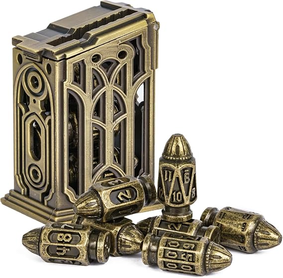 cusdie 7-Die Bullet-Shaped Metal Dice Set DND Dice Set in Metal Clip Case for Dungeons and Dragons TTRPG Role Playing Dice Game(Bronze)