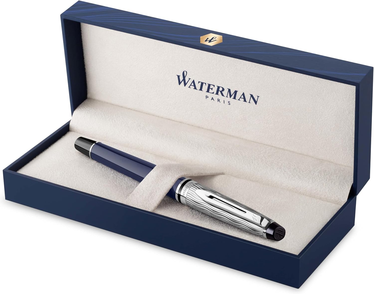 Waterman Expert Fountain Pen | Metal & Blue Lacquer | Chiselled Cap | Stainless Steel Medium Nib | Blue Ink | Gift Box