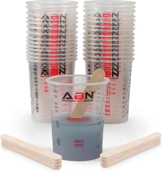 ABN Automotive Paint Mixing Cups - 50 Pack 20oz Plastic Measuring Mixing Cups for Epoxy Resin, Activators, and Thinners - Bonus Mixing Sticks