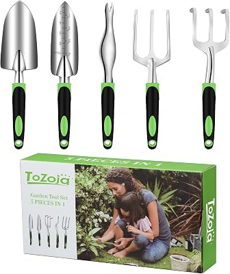 Garden Tool Set, 5-Piece Heavy Duty Cast-Aluminum Gardening Hand Tool with Soft Rubberized Non-Slip Ergonomic Handle for Digging, Planting, Transplanting, Aerating, Garden Gift Kit for for Men Women