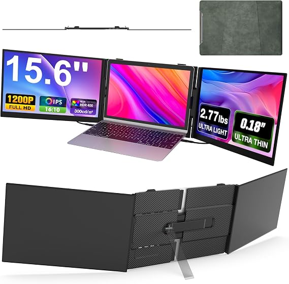 Laptop Screen Extender, Ultra-Thin 15.6" FHD 1200P 16:10 Portable Monitor for Laptop, Lightweight Travel Monitor Extender Plug & Play for 14.2"-17.3" Laptops, Compatible with Wins/Mac/Android/Chrome