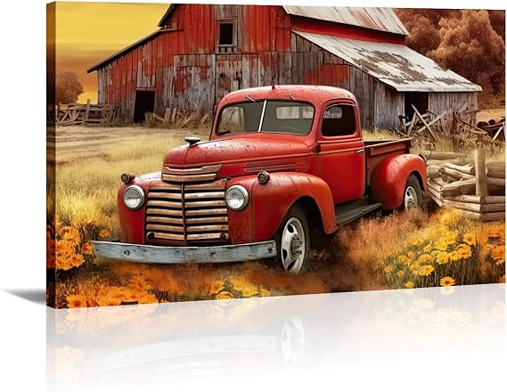 Farmhouse Canvas Wall Art Rustic Old Truck with Barn Picture Print Country Landscape Painting Vintage Artwork for Living Room Bathroom Home Office Decor Framed(Art-5,12.00"x18.00")