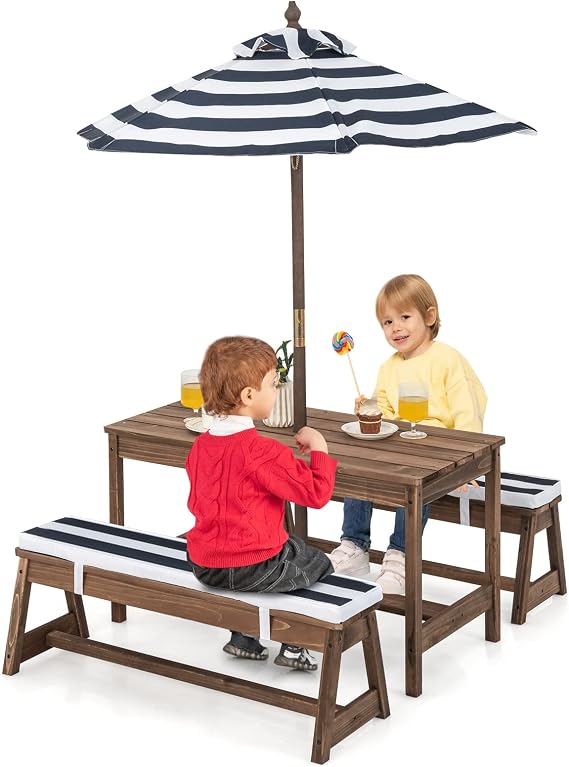 DREAMADE Children's Furniture Set with Parasol Children's Picnic Table with 2 Benches Garden Furniture for Children Made of Fir Wood Children's Bench for Outdoor and Indoor (Blue)