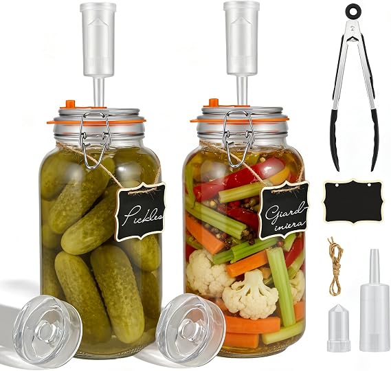 2L Fermentation Jars with Airlocks, 2 Pack Fermenting Jars Kit with Weights for Kimchi, Sauerkraut, Kombucha and Pickles, Glass Kefir Storage Containers with Lids