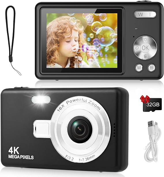 Digital Camera - 1080P FHD 44MP with 2.4" LCD Screen Compact Portable Vlogging Photo Camera with 32gb SD Card 16X Digital Zoom for Kids Teen Students Beginner (Upgrade Black)