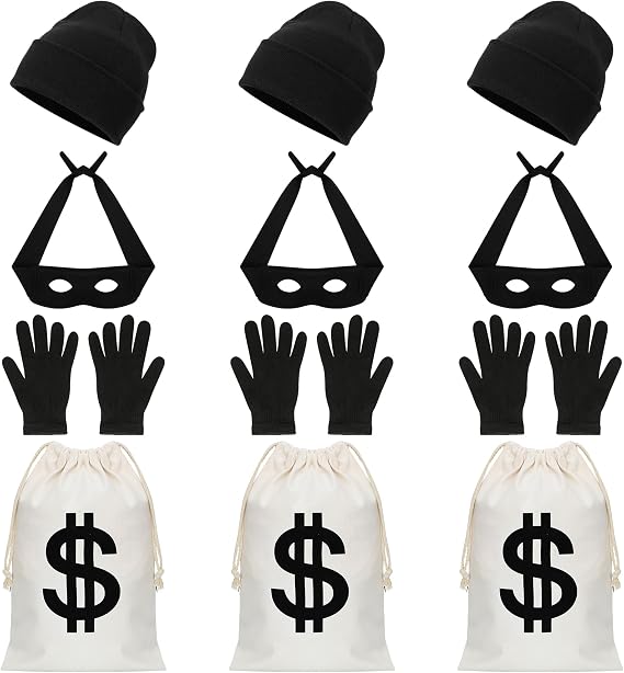 QZYL Robber Costume Set, Thief Cosplay Beanie Cap Gloves Eye Masks Canvas Money Bags for Halloween Burglar Theme Party