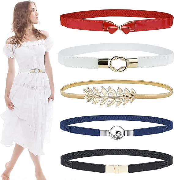 EAONE Skinny Belts for Women 5 Pack, Fashion Dress Belts Stretch Women Waist Belts Plus Size Elastic Waist Band for Dresses