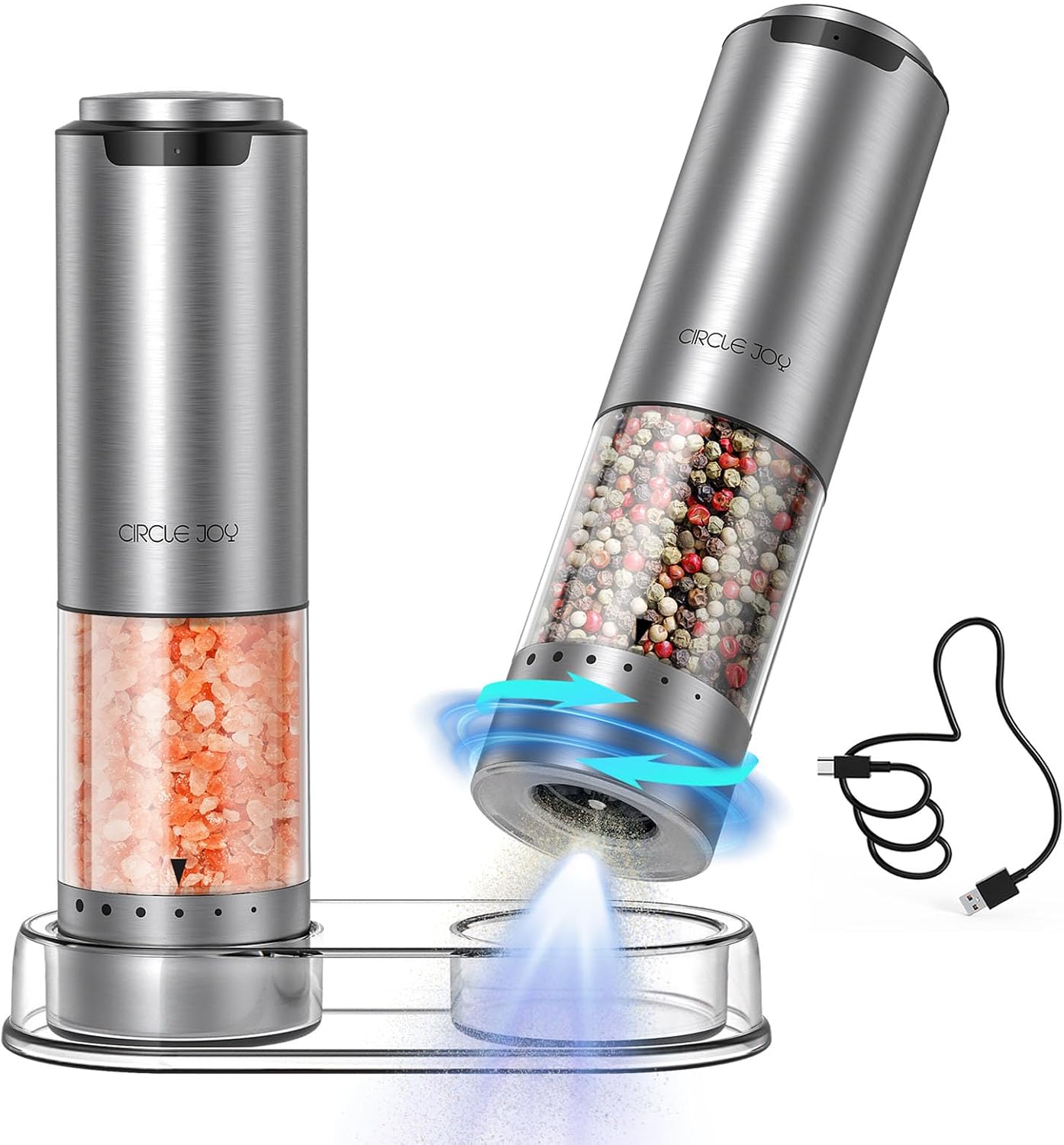 CIRCLE JOY Rechargeable Electric Salt and Pepper Grinder Set with Base, Stainless Steel Pepper Mills with Washable 95ml Container, White LED Light and External Adjustable Coarseness, Silver