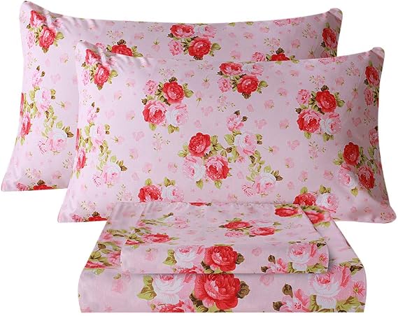 Bedlifes Full Sheet Set Ultra Soft, Breathable, Silky Flower Deep Pocket 100% Microfiber Bedding, 4 Piece Full Size Pink Floral(Red Rose)