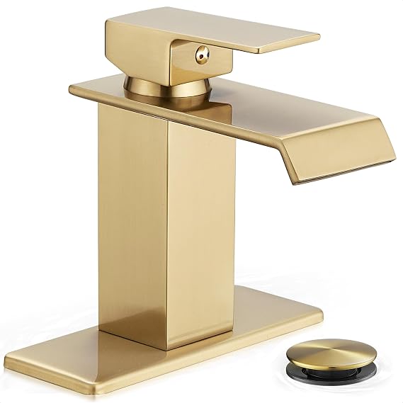 Gold Bathroom Faucet Single Handle, Brass Waterfall Bathroom Faucet, 4 Inch Bathroom Faucets 1 Hole or 3 Holes Bathroom Sink Faucets with Deck Plate & Pop-Up Drain for Public Sinks No Splashing