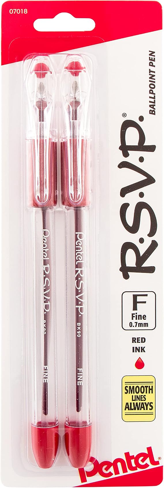 Pentel RSVP Ballpoint Pen, Fine Line, (0.7mm), Red Ink (BK90BP2B) (Pack of 1, 2 Count Total)