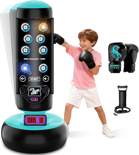 Punching Bag for Kids, 66 Inch Inflatable Boxing Bag with Boxing Gloves, Kid Boxing Set with Scoring, Light, Music, Stand Kids Punching Bag Toy for Age 4-12, for Practicing Karate, Taekwondo, MMA
