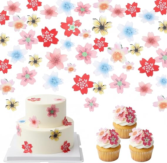 NUOBESTY 440Pcs Edible Flower Cake Topper Wafer Paper Dessert Decoration Rice Paper Decorations for Wedding Birthday Hawaii Party Cupcake