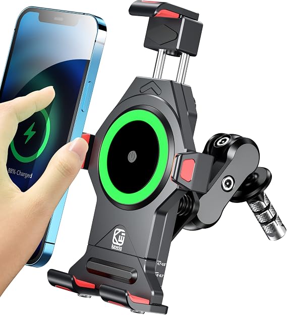 BRCOVAN Metal Motorcycle Fork Stem Phone Mount with Qi 15W Wireless Charger