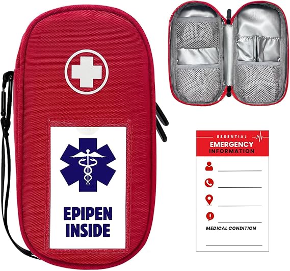 EpiPen Carry Case Insulated,Emergency Medical Bag with Carabiner-for 2 EpiPens,Asthma Inhaler,Auvi-Q,Anti-Histamine,Allergy Medicine,Eye Drops,Diabetes Travel Case(Red)
