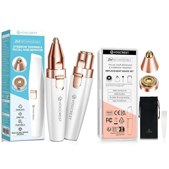 VG VOGCREST 2 in1 Trimmer with Replacement Heads - Rechargeable Facial Hair Removal and Eyebrow Shaver - Face Lips Body Painless Facial Razor with Built-in LED Light (White)