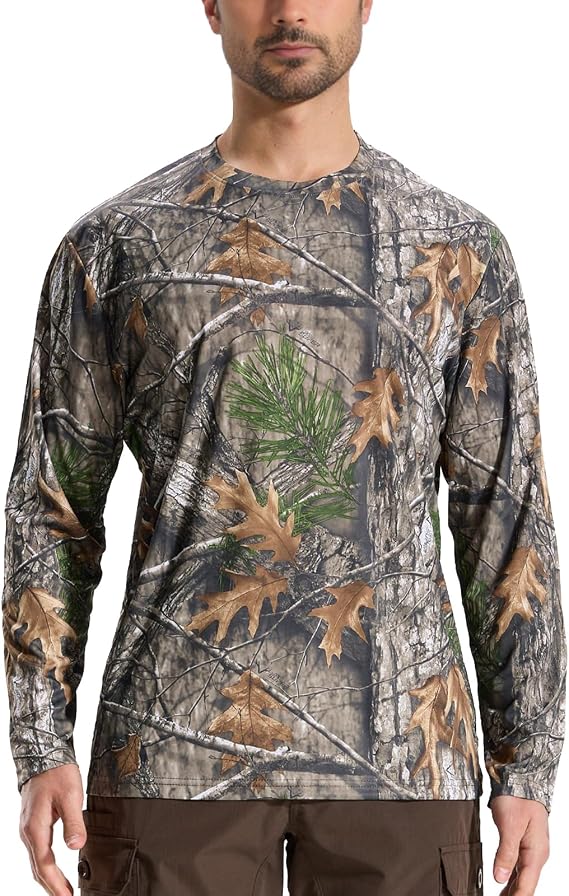 Camo Hunting Shirts for Men Long Sleeves Crewneck Quick Dry UPF 50 Hiking Fishing Shirt