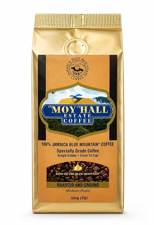 Moy Hall Estate - Authentic Jamaican Blue Mountain Coffee, Family-Owned, Small-Batch Roasted, 100% Arabica Ground Coffee, (16oz)