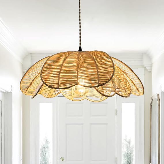 20-Inch Flower Shaped Rattan Pendant Light Coastal Boho Ceiling Lamp Single Bulb Nautical Light Fixture