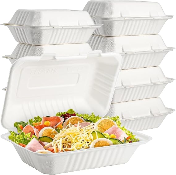 by Eco-Friendly Disposable Takeaway Food Containers with Hinged Lid – 7 x 5 Inch Biodegradable Clamshell Boxes for Food Packaging