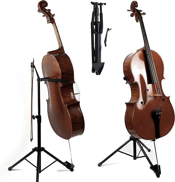 Cello Stand with Bow Hook Adjustable, Quick-Fold, Non-Slip Base | Your Cello Should Never Lean Against a Wall. Adjustable for All Size Cello and Bow, Folds in Seconds, Non-Slip Feet
