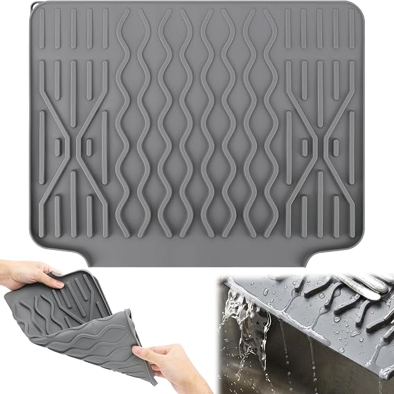 Silicone Dish Drying Mat,Draining Board Mats Non-Slip Sink Drainer Mat,No-Spill Mat & Heat Resistant Folding Silicone Draining Mats for Kitchen,Campervan Counter,Sink (Grey)