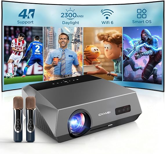 Smart 4K Projector Indoor Daylight Home Theater, Wireless Mics for Karaoke