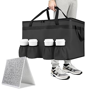 Insulated Food Delivery Bag with 4 Cup Holder and Bottom Support, -Large Insulated Grocery Bags Keep Food Hot/Cold, Cooler Bags with Drink Carrier, Food Carrier Catering Bag for Events,Black