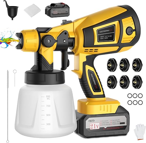 Electric Paint Sprayer,Cordless with Battery 2 of 4000mAh 21V,6 Nozzles & 3 Spray Modes,1000ml Container.Handheld Airless HVLP Paint Sprayer Gun for House Furniture Cabinets Wall. (Yellow)