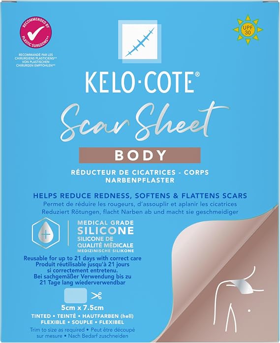 KELO-COTE Body Scar Sheets – Medical Grade Silicone - Soften & Flattens Raised Scars, Reduces Redness & Itching, Reusable Up to 21 Days - 5cm x 7.5cm