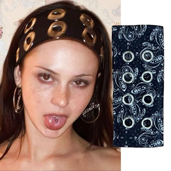 Grommet Eyelet Headband with Holes for Women, Stretch Punk Y2K Headband, Gothic Rock Hair Accessories for Streetwear & Y2K Accessories (Black Paisley Print, Average)