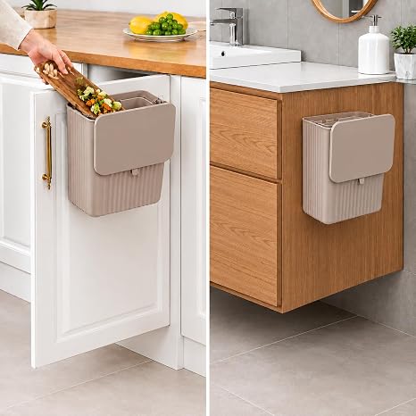 Askılı Mutfak Dolap Kapağı Çöp Kovası 15 Litre, Katlanabilir Tezgah Altı Çöp Kutusu, Dolap İçi ve Dışı Kullanım, Kapaklı Taşınabilir Çöp Sepeti, Cappucino