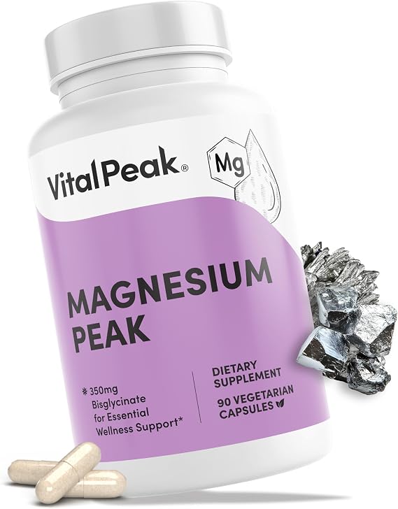 Vital Peak Magnesium 350 mg - Natural High Absorption Magnesium Bisglycinate Supplement - Mag Pills for Women & Men- Vegan, Gluten Free, Dairy Free, Non-GMO - 90 Capsules