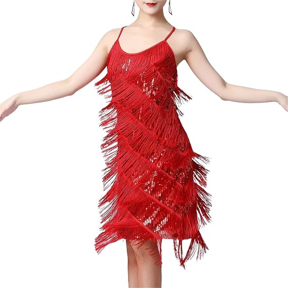 Sequin Fringe Dress Stage Performance Costume Sexy Shiny Double V-Neck Sleeveless Sequin Tassel Latin Jazz Cha-cha Ballroom Dance Dress Vestido(Red,M)