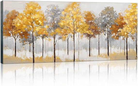 FajerminArt Large Abstract Autumnal Forest Canvas Wall Art Prints, Yellow Grey Trees Wall Paintings Nature Picture for Living Room Bedroom Office Kitchen Decoration Artwork Ready To Hang 50x100cm