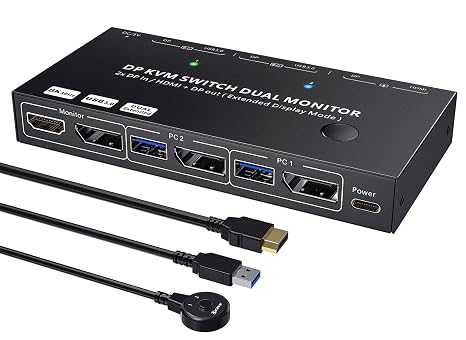 KCEVE KVM Switch 2 Monitors 2 Computers Displayport HDMI, USB 3.0 KVM Switch Dual Monitor 4K@60Hz MST Share 4USB Devices Keyboard Mouse, with Wired Remote(4K DP HDMI 2 in 2 Out KVM)