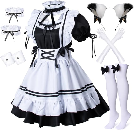 Wannsee Anime French Maid Apron Lolita Fancy Dress Cosplay Costume Furry Cat Ear Gloves Socks set(S)