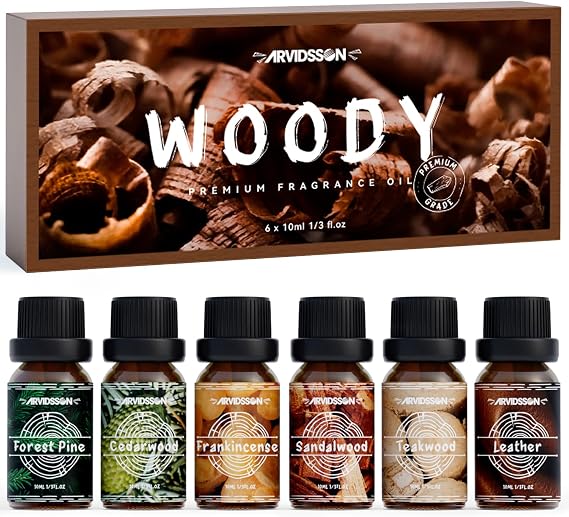 Woody Essential Oils Set, ARVIDSSON Woodsy Fragrance Oil for Candle Making, Sandalwood, Leather, Teakwood, Frankincense, Cedarwood, Pine, Diffuser Essential Oil for Men and Women